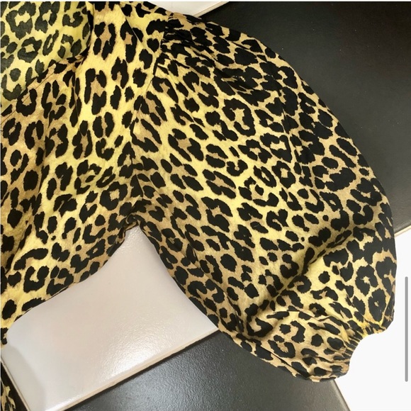 GANNI Yellow Gold Cheetah Midi Wrap Dress US 6 (sz 38) Animal Print Puffy Sleeve - Picture 7 of 10